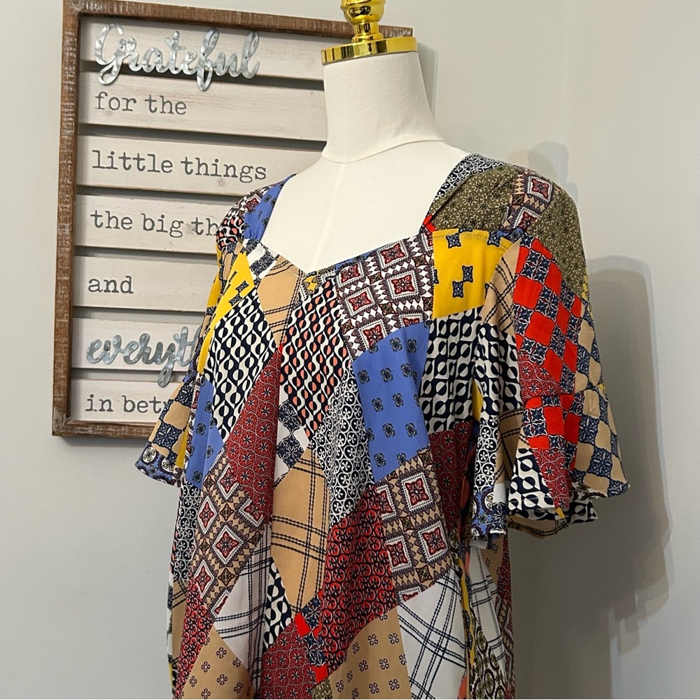 Umgee Patchwork Print Sweetheart Neckline Ruffle … - image 4